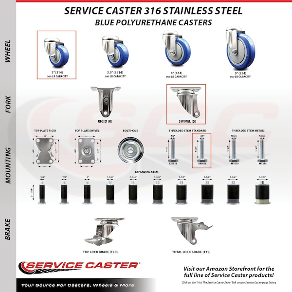 Service Caster 3 Inch 316SS Blue Polyurethane Swivel 3/8 Inch Threaded Stem Caster Brake, 2PK SS316TS20S314-PPUB-BLUE-381615-2TLB2 - main